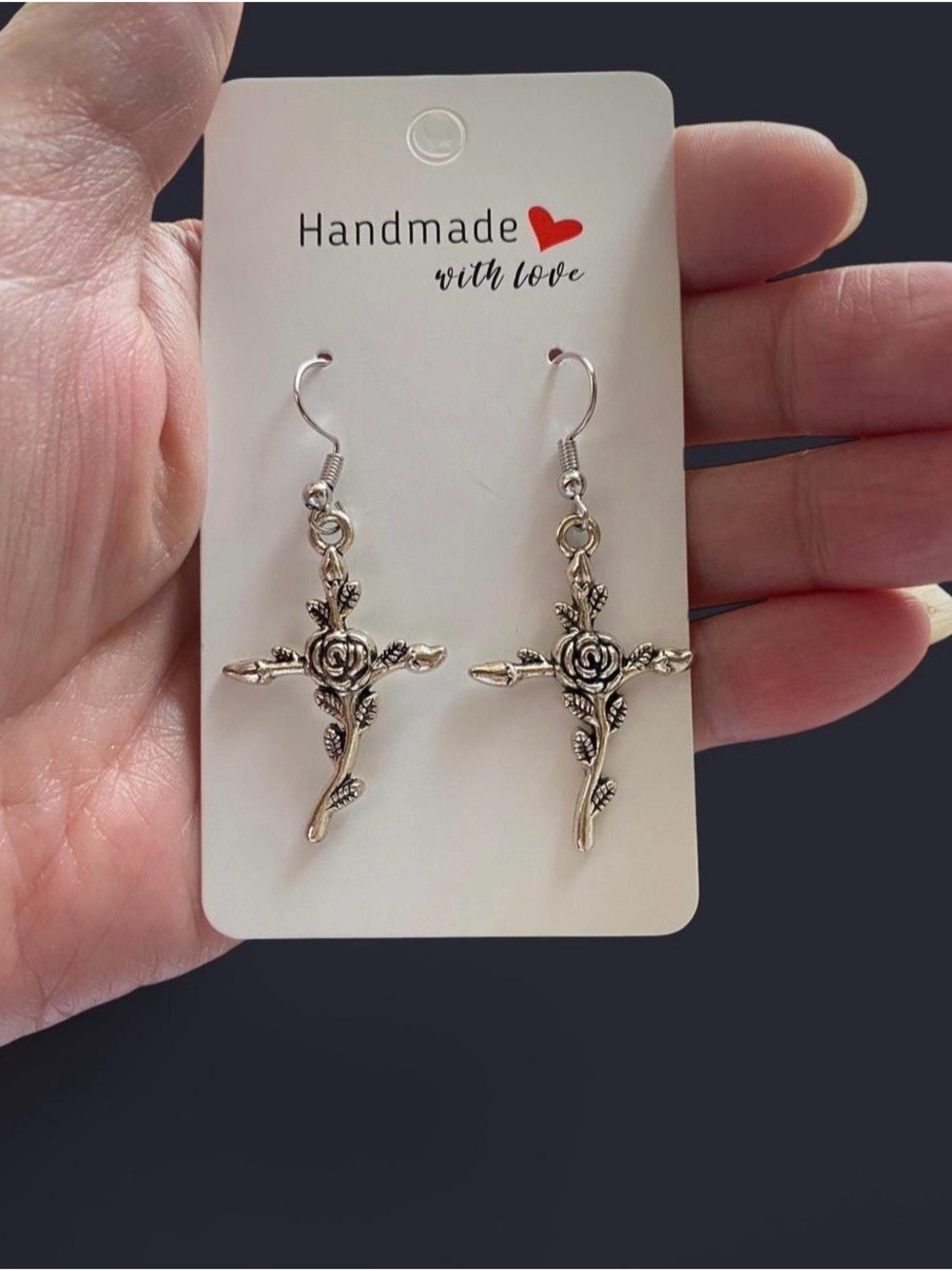 Handmade Silver Rose Cross Dangle Earrings - Elegant Floral Cross Design